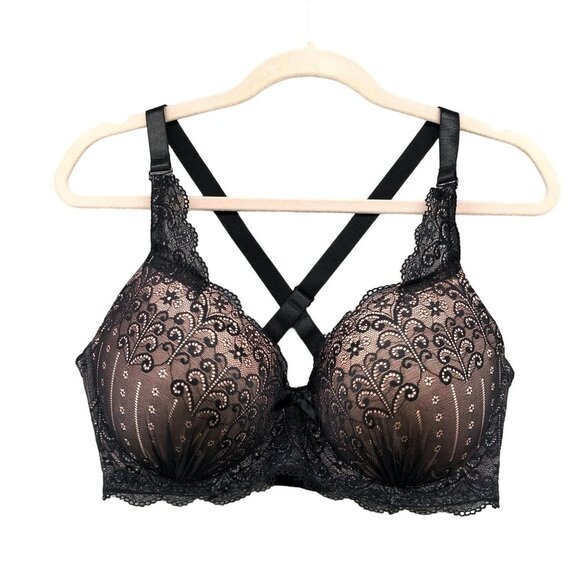 Prima Valentina Other - Prima Valentina Plunge Bra Black Blush Pink Lace Layer Size 40DD Lined Racerback